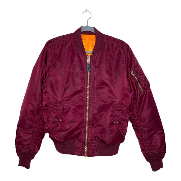Alpha Other - Alpha Industries M Mens Maroon Orange Full Zip Pockets Reversible Bomber Jacket